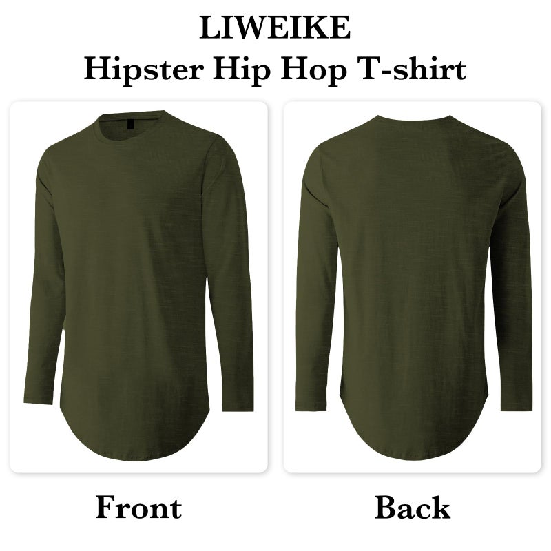 LIWEIKE Mens Solid Extended Hipster Hip Hop Swag Curve Hem Long Sleeve T Shirt (Army Green, Medium) - Image 2